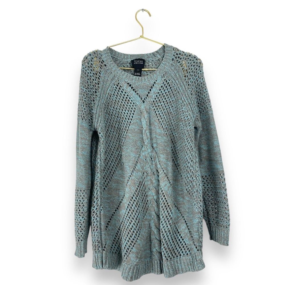 Andrea Jovine Sweater Tunic Knit Open Weave Long Sleeve Blue Gray Large Sweater
